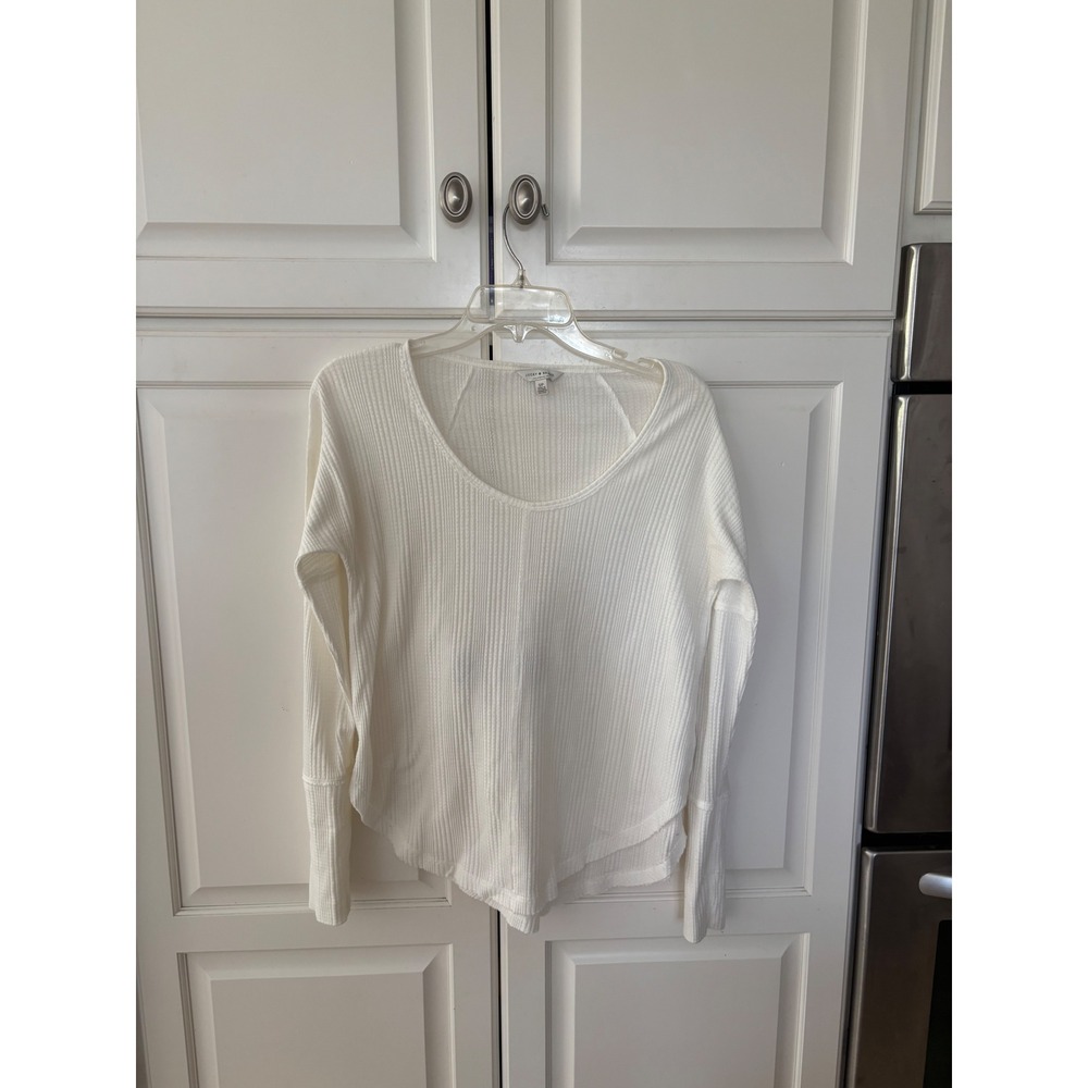 Lucky Brand Women White Waffle Knit Thermal Scoop Neck Long Sleeve Top Small